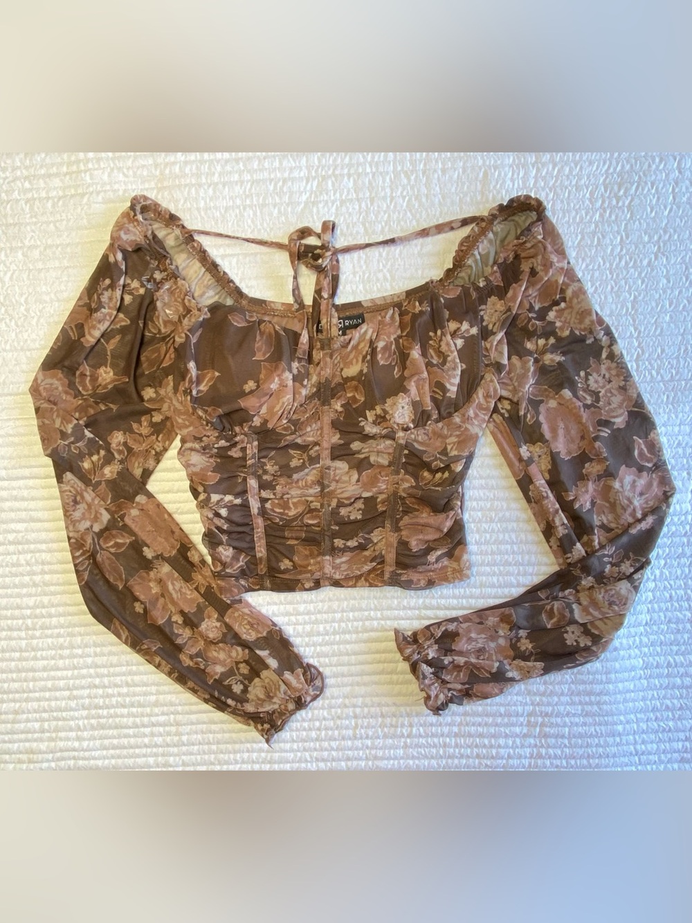 Dylan Ryan Brown Floral Mesh Long Sleeve Corset Crop Top